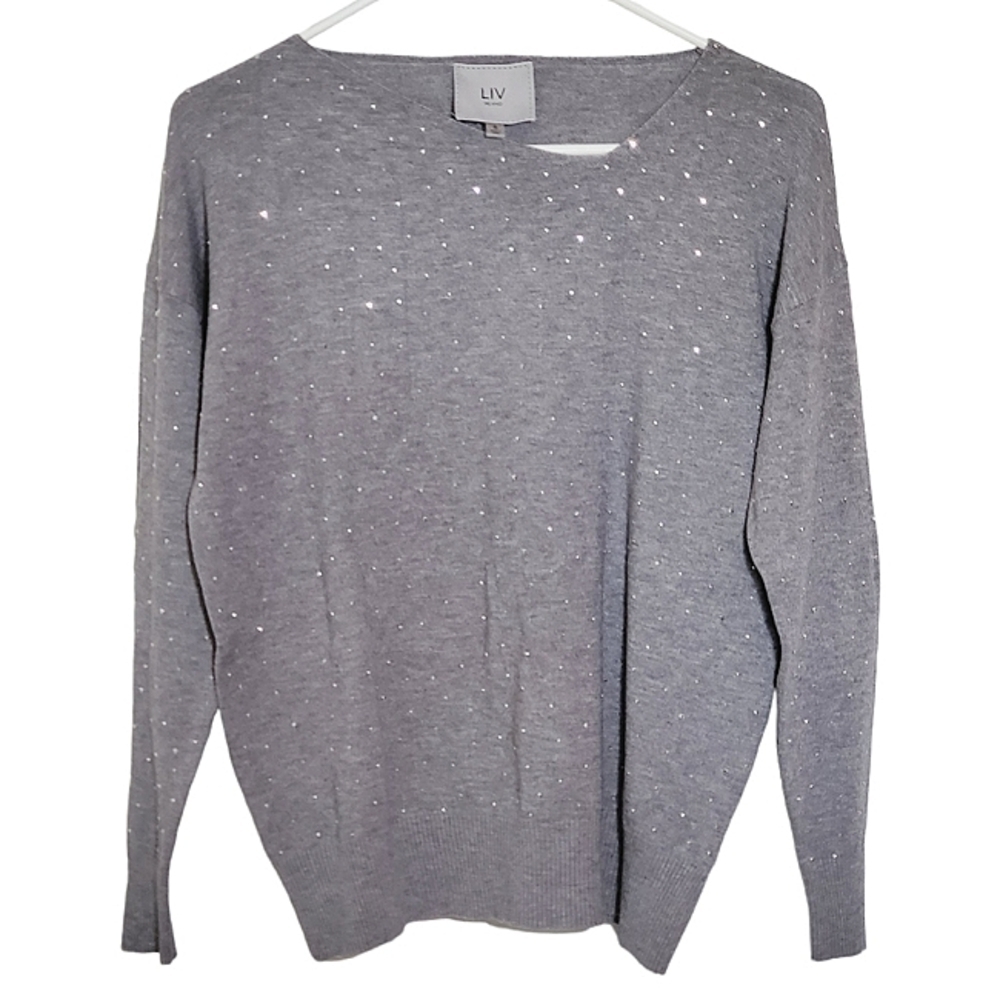 7032 * Liv Milano Rhinestone Long Sleeve Sweater Gray Size S